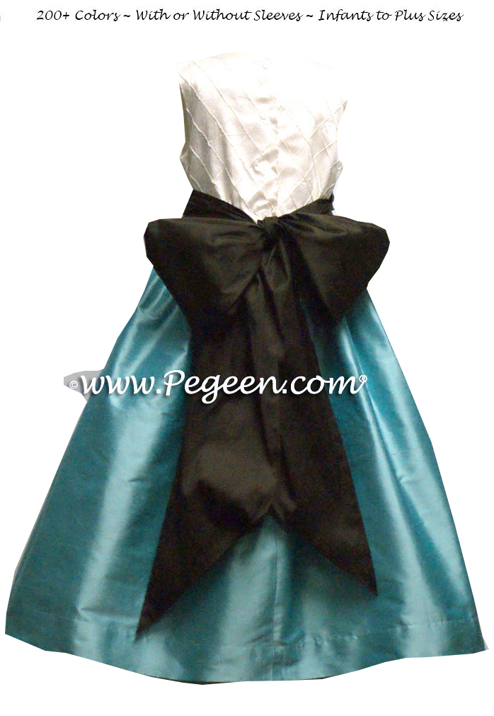 SEMI-SWEET (DARK BROWN) AND TIFFANY BLUE SILK FLOWER GIRL DRESSES WITH PIN TUCK BODICE