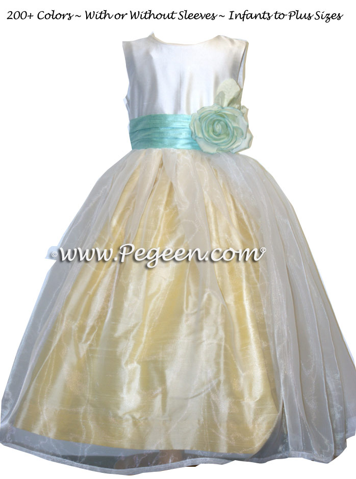 Baby Chick Yellow, Aqualine and ivory with organza skirt flower girl dress style 359