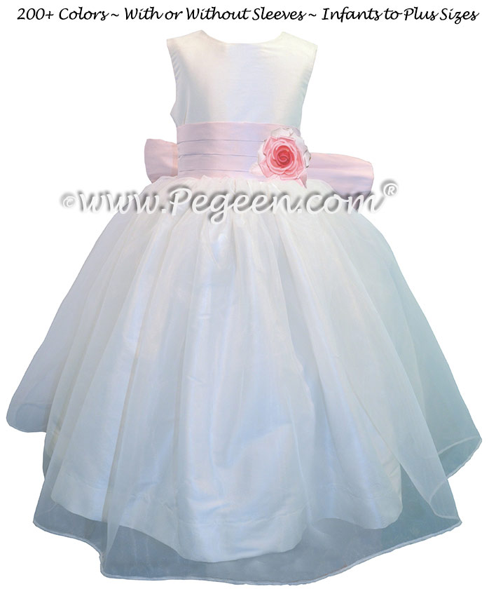 Petal Pink with Antique White Silk and Organza Flower Girl Dresses