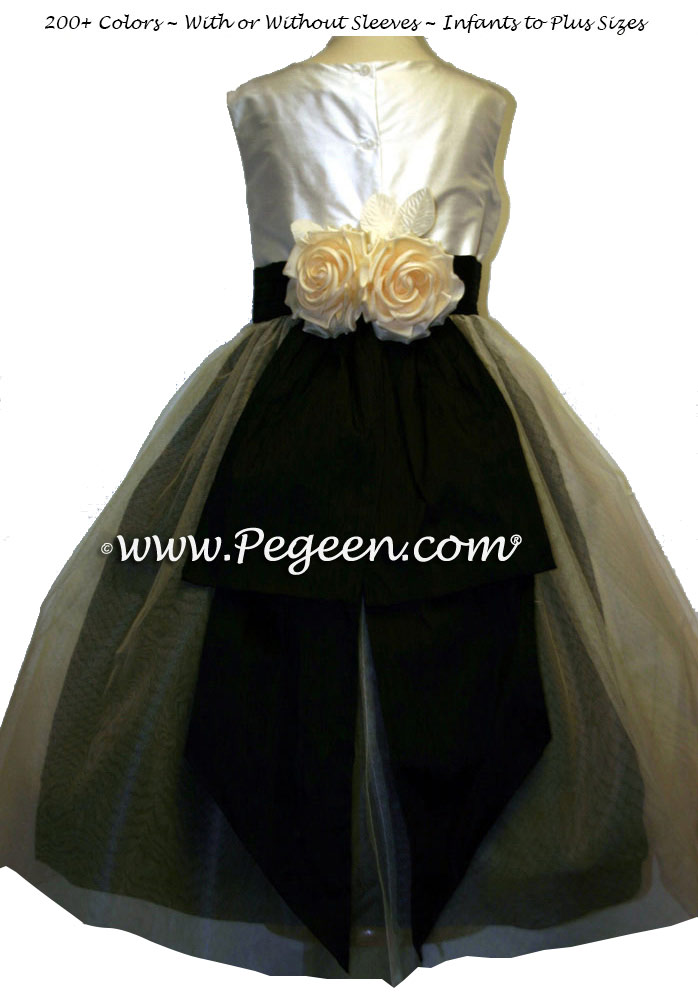New Ivory tulle and bodice and Black Flower Girl Dress with Bustle and Back Flowers