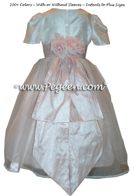 Blush pink and New Ivory Silk Flower Girl Dress with Bustle and Back Flowers