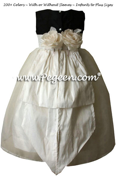 Black and New Ivory Silk Flower Girl Dress with Bustle and Back Flowers
