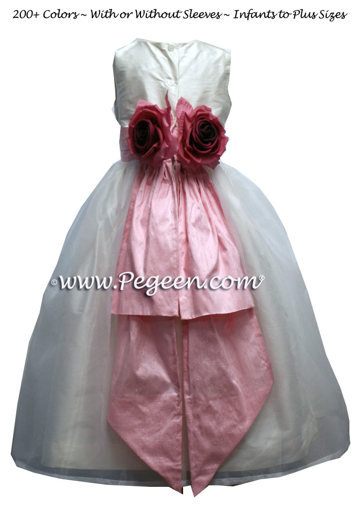 Hibiscus pink and white silk flower girl dresses with back bustle and flowers