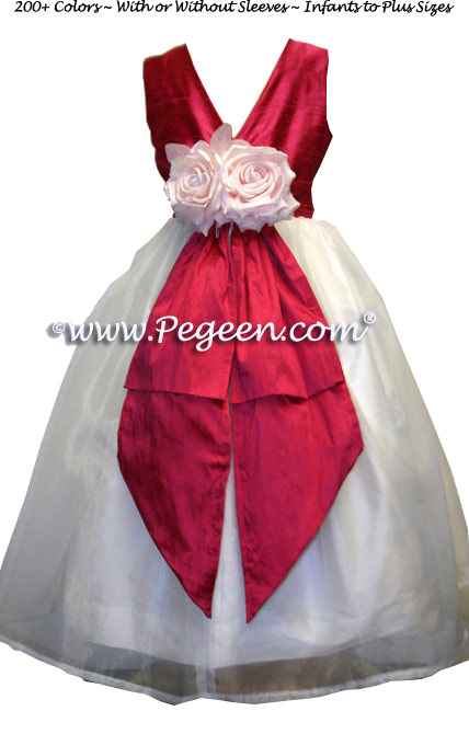 Lipstick pink and new ivory silk and organza Flower Girl Dress Style 313