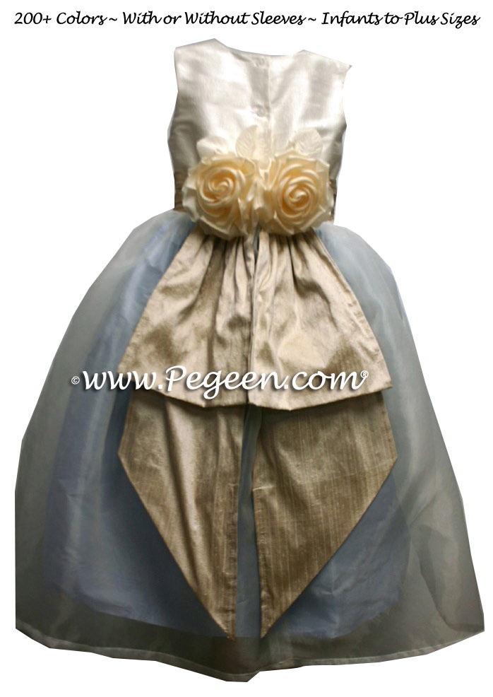 Light Gold, French Blue and New Ivory Silk Flower Girl Dress with Bustle and Back Flowers