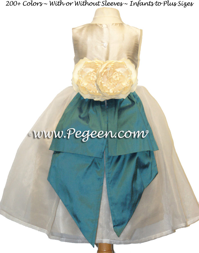 Silk organza flower girl dress in Teal and Bisque (ivory) style 313