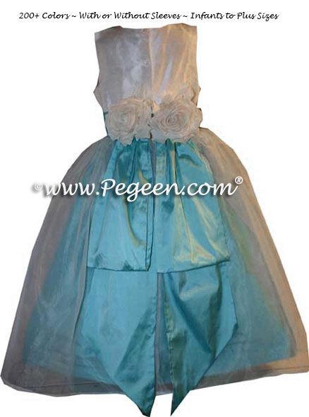 Tiffany Blue and New Ivory Silk Flower Girl Dress with Bustle and Back Flowers