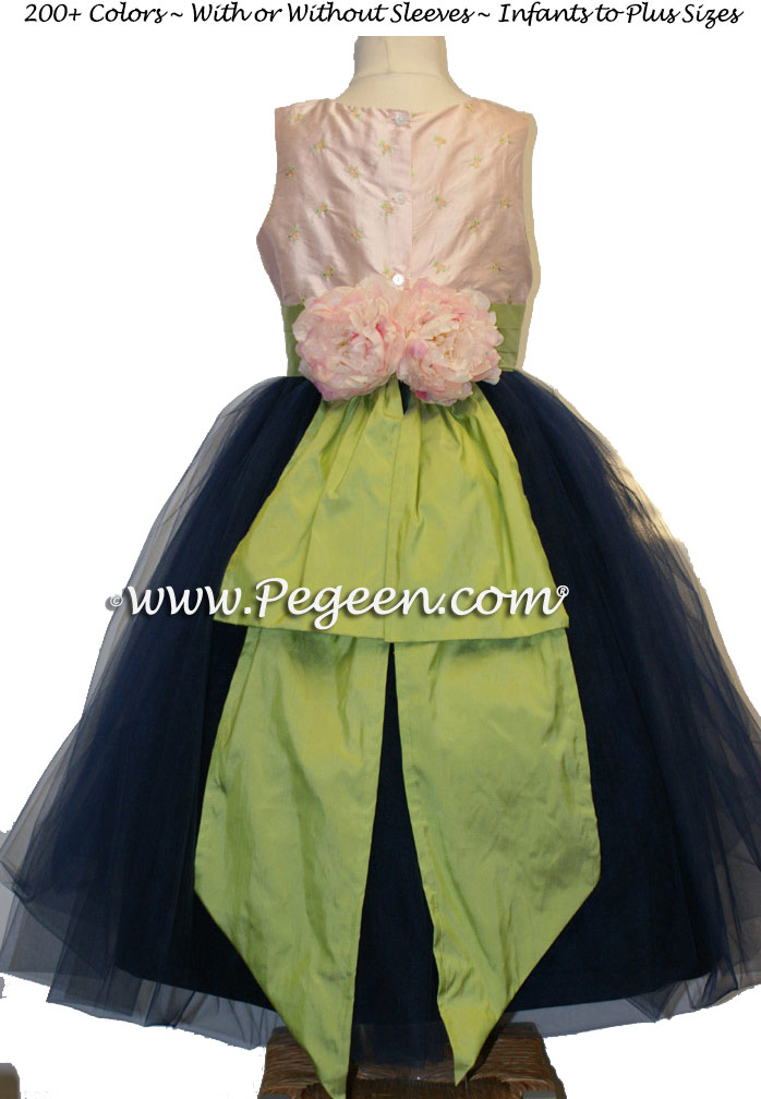Embroidered Pink Silk with Navy tulle and silk Flower Girl Dresses