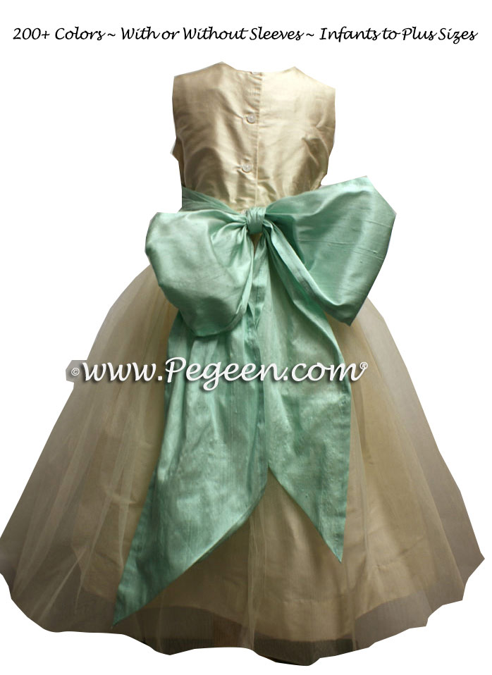 Bisque and Aqua tulle flower girl dress in silk Classic Style 356