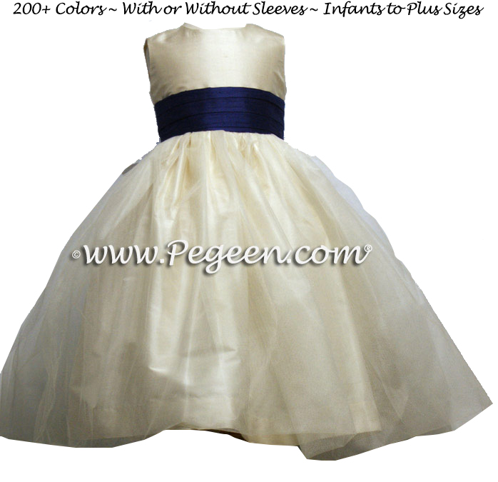 Bisque and Navy tulle flower girl dresses from Pegeen Classics