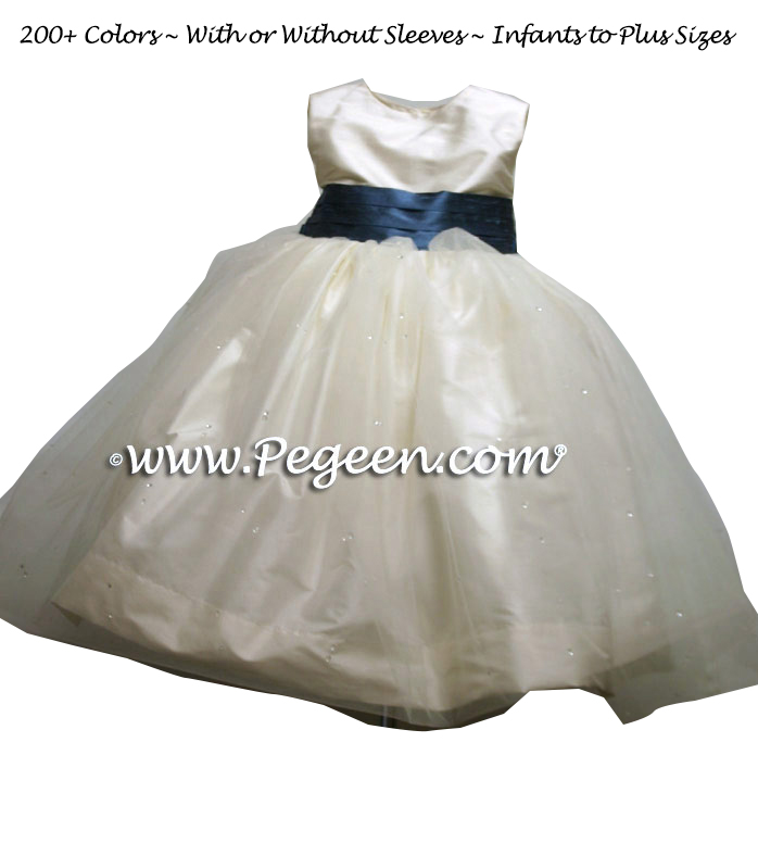 Arial Blue and New Ivory silk and tulle flower girl dresses style 356