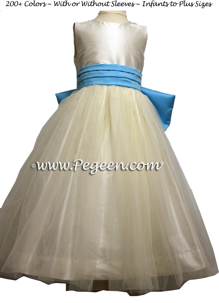 New Ivory and Bahama Breeze blue silk and tulle flower girl dress to match Belsoie Bridesmaids