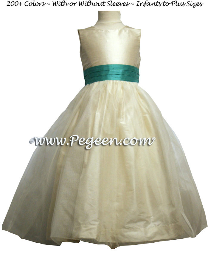 Bisque and Aqualine tulle flower girl dresses from Pegeen Classics