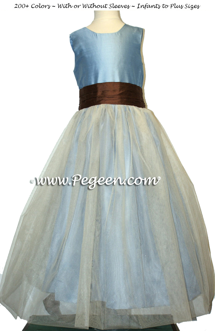 French blue and chocolate sash with ivory tulle flower girl dresses from Pegeen Classics