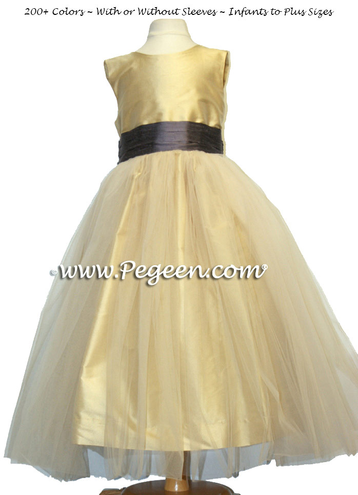 Pure Gold and Iris Lilac silk and tulle flower girl dresses in Pegeen Classic Style 356