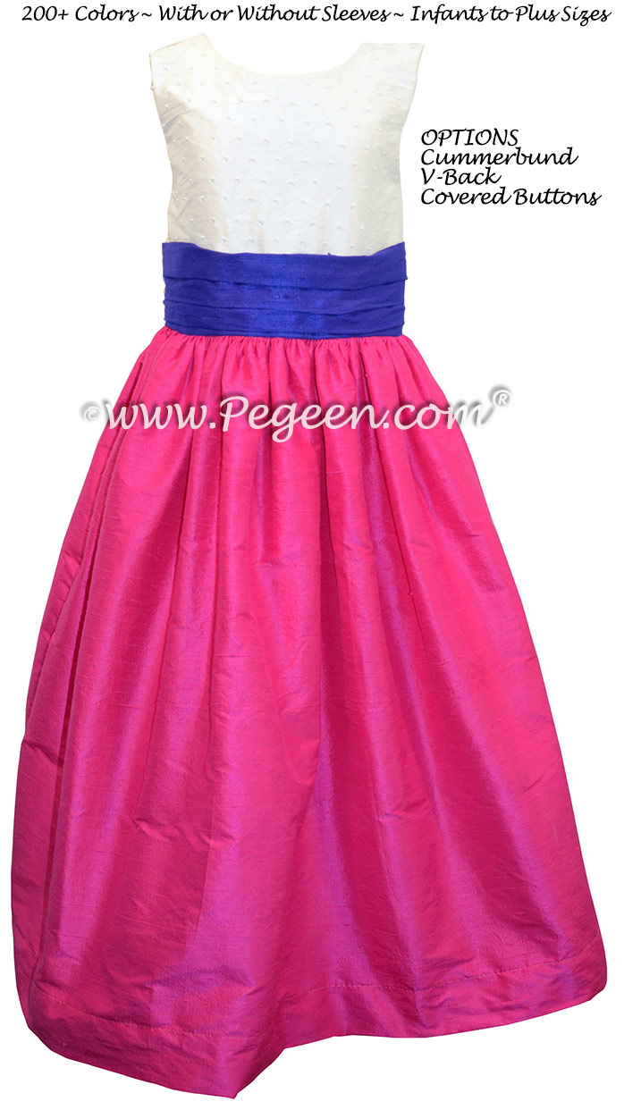 Flower Girl Dresses in Boing hot pink and Sapphire blue silk with pearls