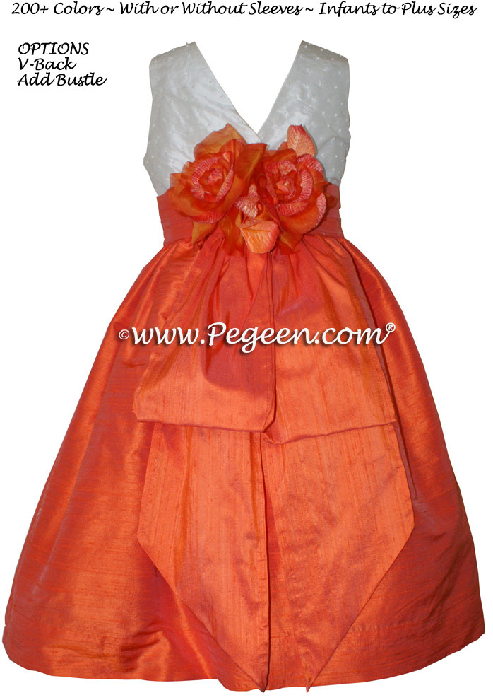 Orange and Antique White with Pearls flower girl dresses Style 370