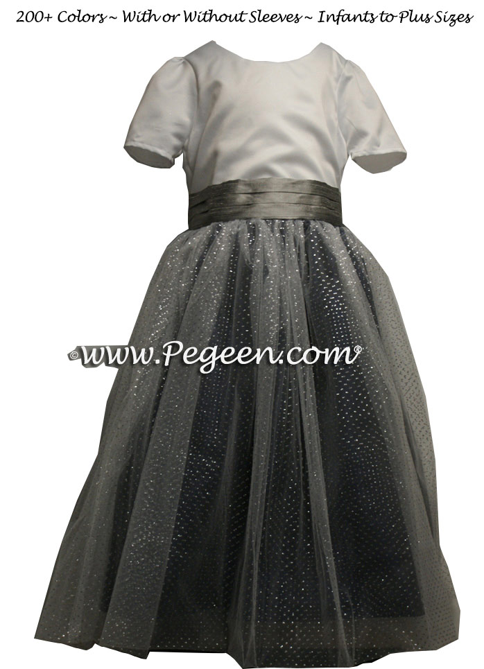 Sparkle tulle in black and silver gray tulle flower girl dresses Silk style 372 by PEGEEN 