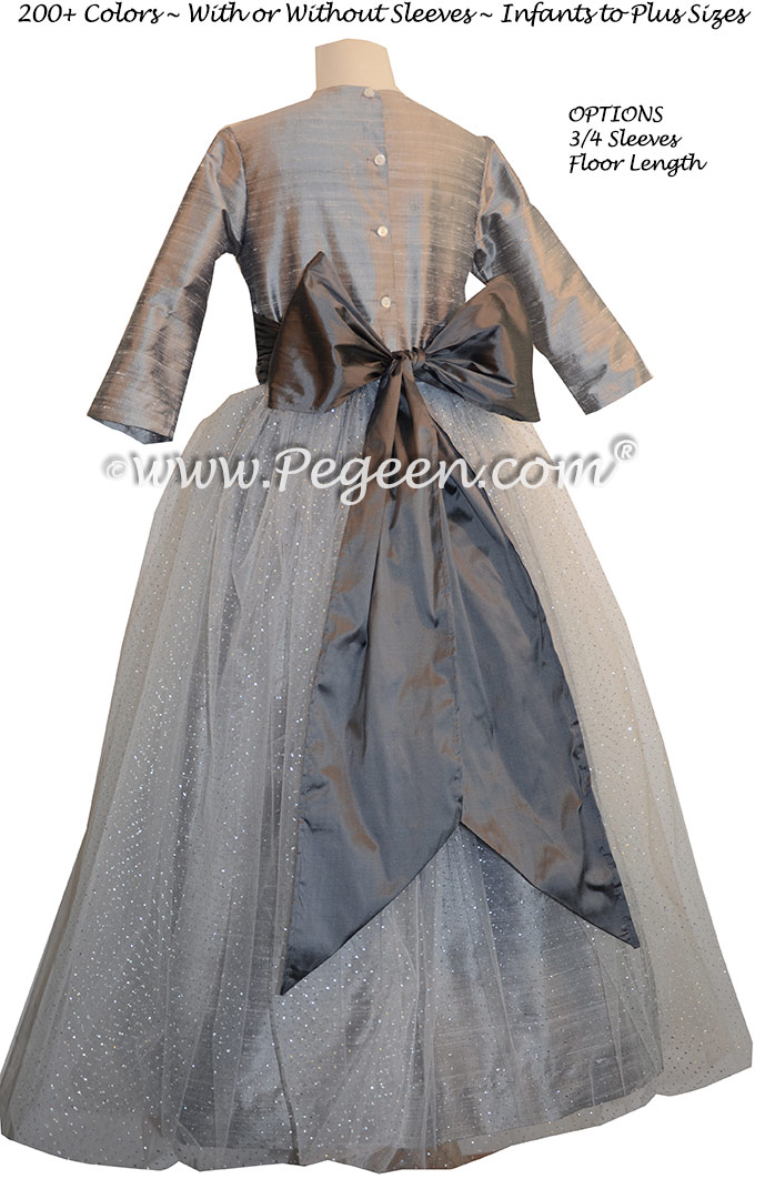 Silver Gray and Medium Gray silk flower girl dresses Style 372