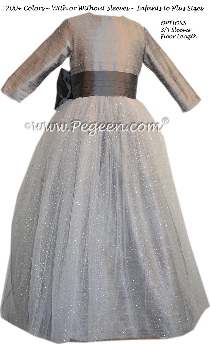 Silver Gray and Medium Gray silk flower girl dresses Style 372
