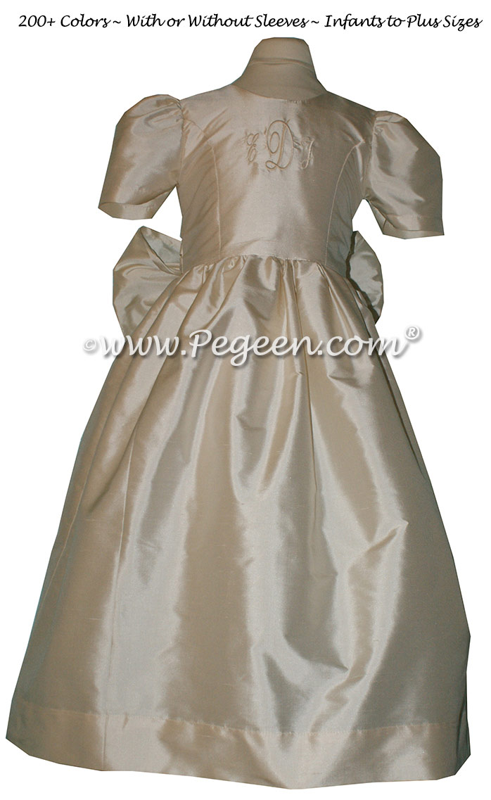 Custom Flower Girl Dress in Bisque with Monogrammed Bodice
