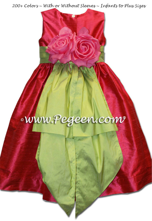 Silk Flower Girl Dresses in Lipstick Pink and Sprite Green with back flowers Style 383