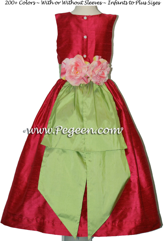 Flower Girl Dress Lipstick Pink, Sprite Green with Back Flowers | Pegeen