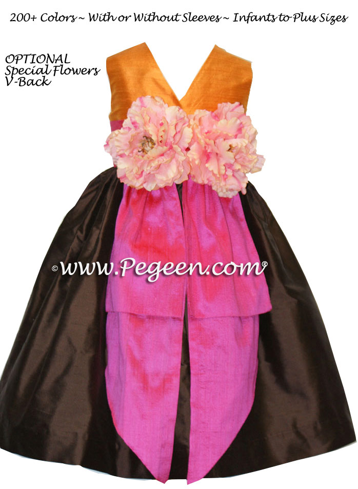 Shock Pink, Tangerine and Semi-Sweet Chocolate Flower Girl Dresses with Bustle Style 383