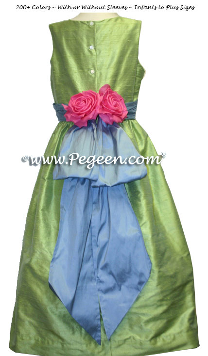 Apple Green and Blue Silk Junior Bridesmaid Dress Style 383