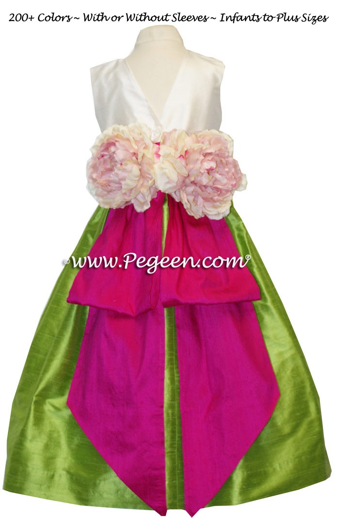 APPLE GREEN, BOING PINK AND NEW IVORY CUSTOM FLOWER GIRL DRESSES 