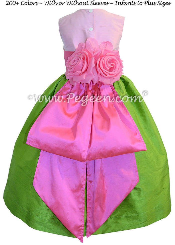 APPLE GREEN, SHOCK PINK AND BUBBLEGUM CUSTOM FLOWER GIRL DRESSES