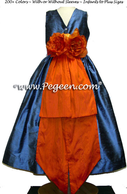 Arial Blue and Tangerine Orange Silk matching FLOWER GIRL DRESSES for Ann Taylor's Pacific Blue