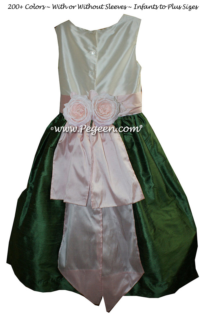 Peony Pink, Bisque and Golf Green flower girl dresses Style 383