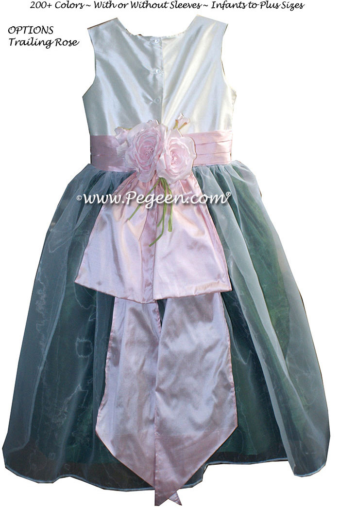 Antique White Basil Green and Blush Pink Silk Flower Girl Dresses Style 313