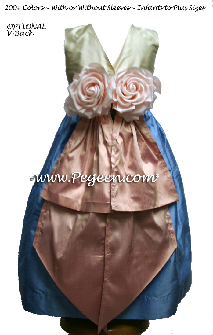 French blue, lotus pink and antique white Flower Girl Dresses Style 383