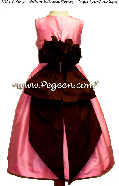 Bubblegum pink and Chocolate silk flower girl dresses Style 383