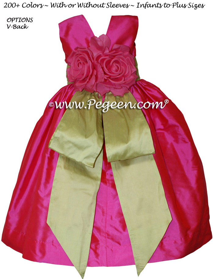 Cerise Hot Pink and Citrus Green flower girl dress or junior bridesmaid dress style 383 by Pegeen