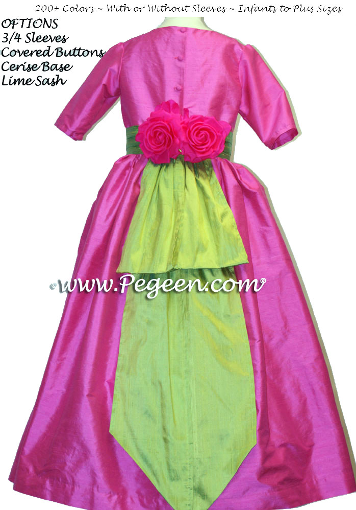Cerise Hot Pink and Lime Green flower girl dress or junior bridesmaid dress style 383 by Pegeen