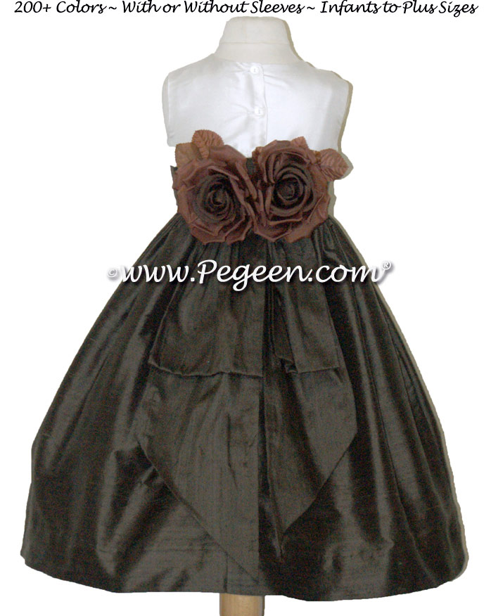 Chocolate Brown and New Ivory Silk Flower Girl Dress with Hand Made Silk Roses