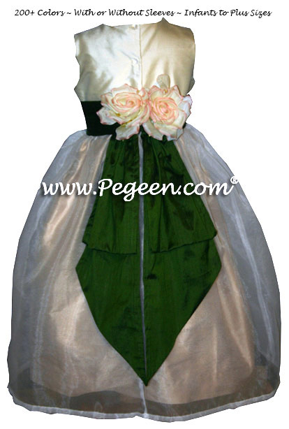 Wheat (gold), Parsley Green and Buttercreme Silk Flower Girl Dress with Bustle and Back Flowers