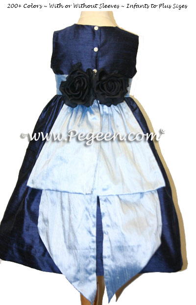 Navy Blue and Light Blue Flower Girl Dresses with Back Flowers