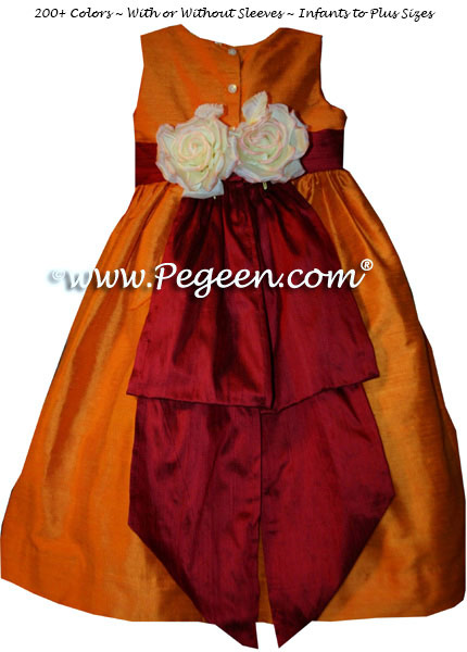 Pumpkin orange and cranberry red silk Flower Girl Dresses with back flowers