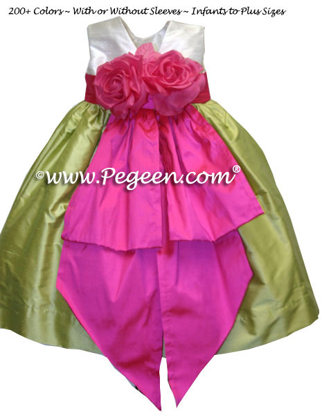 Citrus green, shock pink and new ivory flower girl dresses Style 383