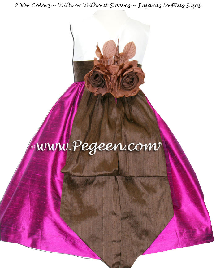 Flamingo and Chocolate Brown flower girl dresses with bisque bodice Style 383