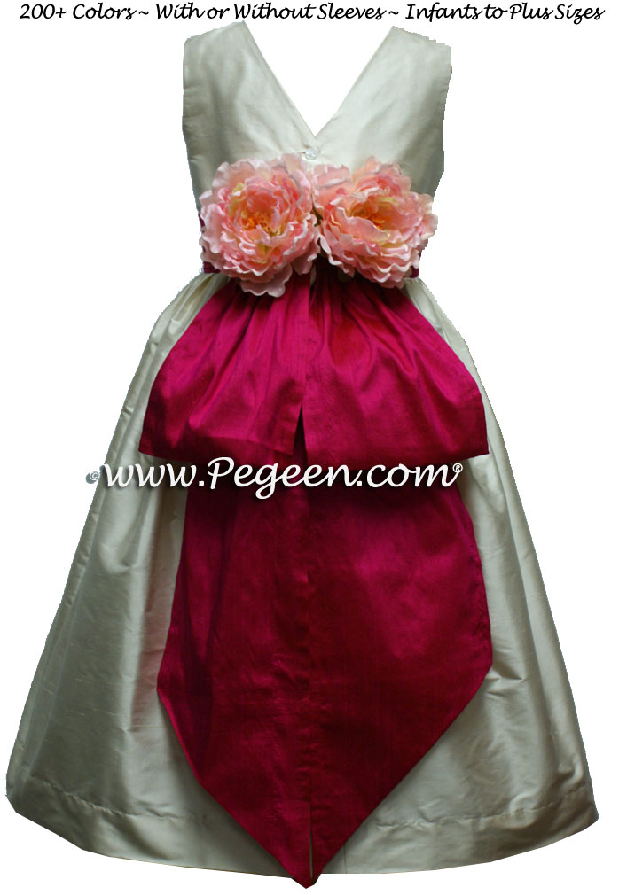 RASPBERRY AND BISQUE flower girl dresses with raspberry sash with v-back