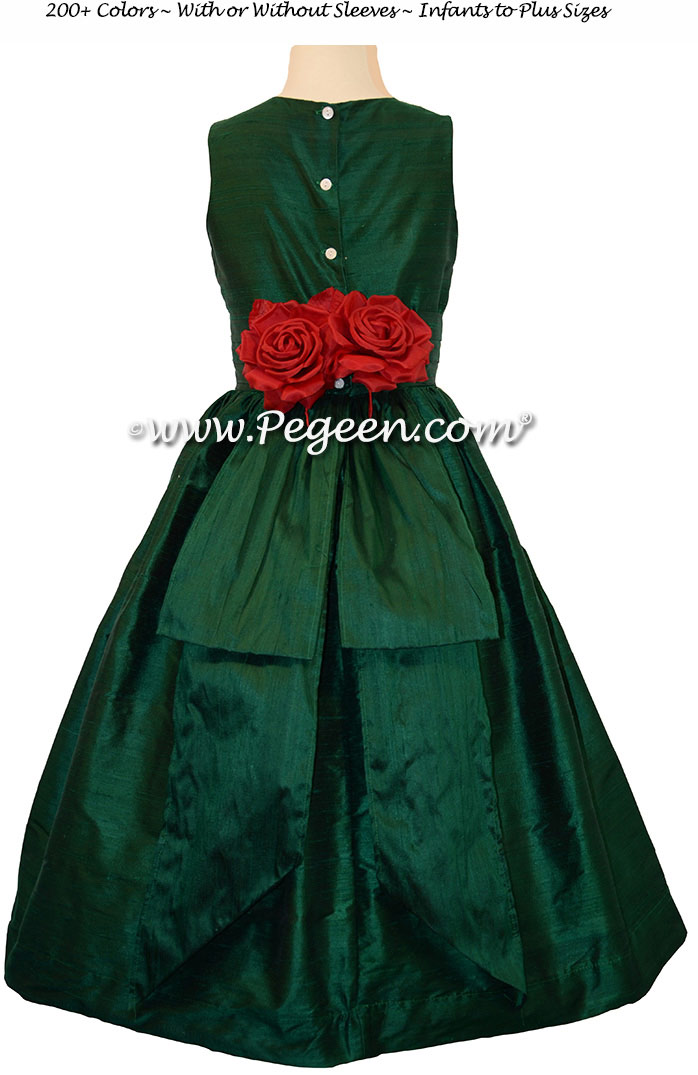Forest Green flower girl dress with red hand made silk flowers Style 383