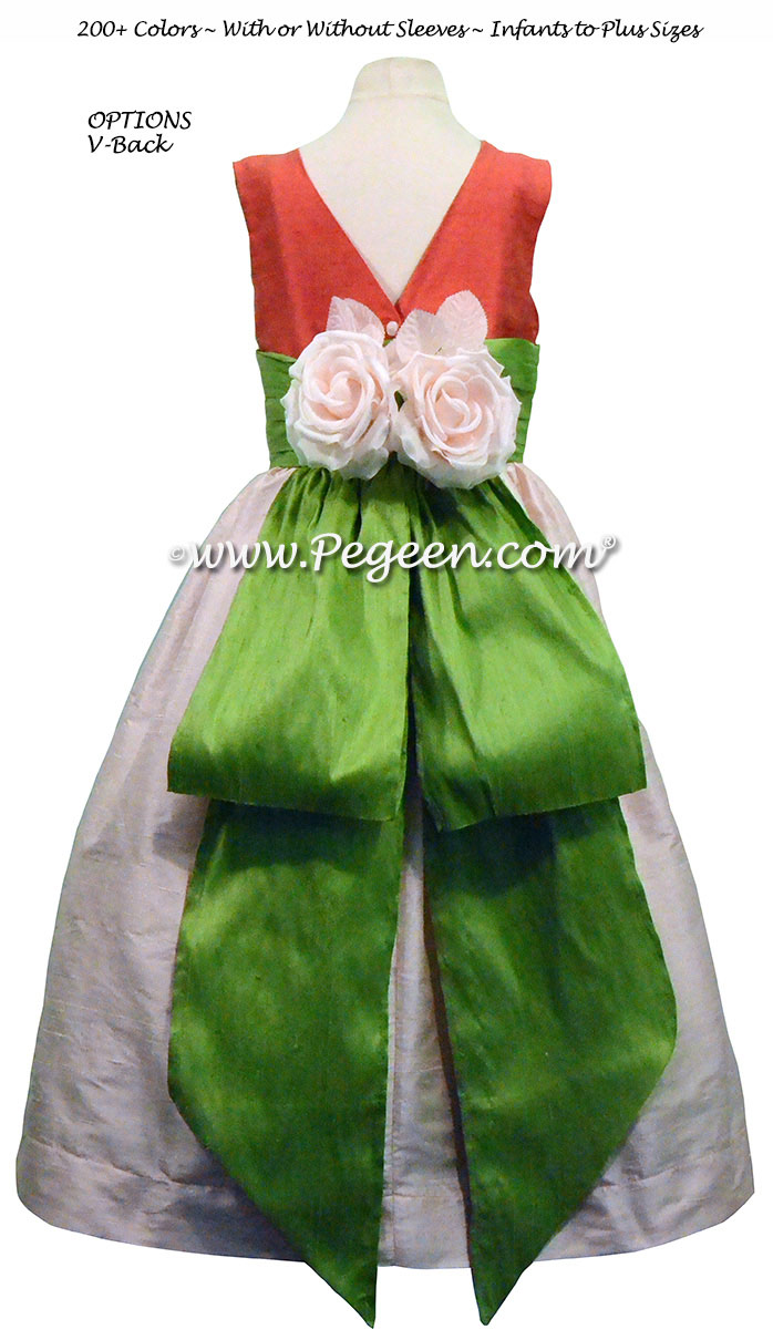 Blush Pink and Apple Green FLOWER GIRL DRESSES with bustle and flowers