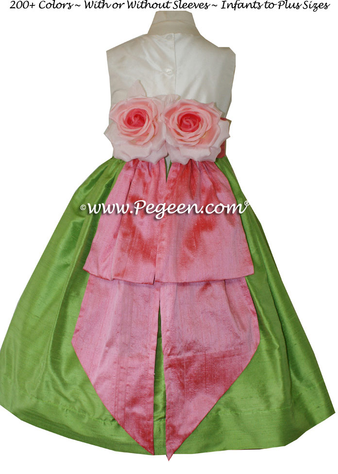 Gumdrop pink and Jasmine Green Infant flower girl dresses Style 383