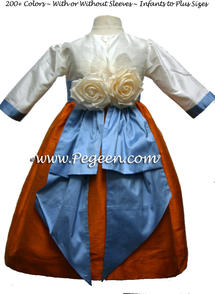 Tangerine and French Blue Silk Flower Girl Dresses with Back Flowers Style 383