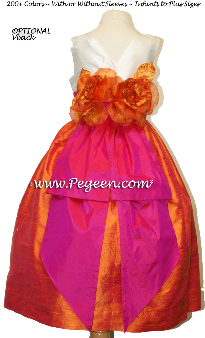 Flower Girl Dress in mango orange and sorbet hot pink by Pegeen.com